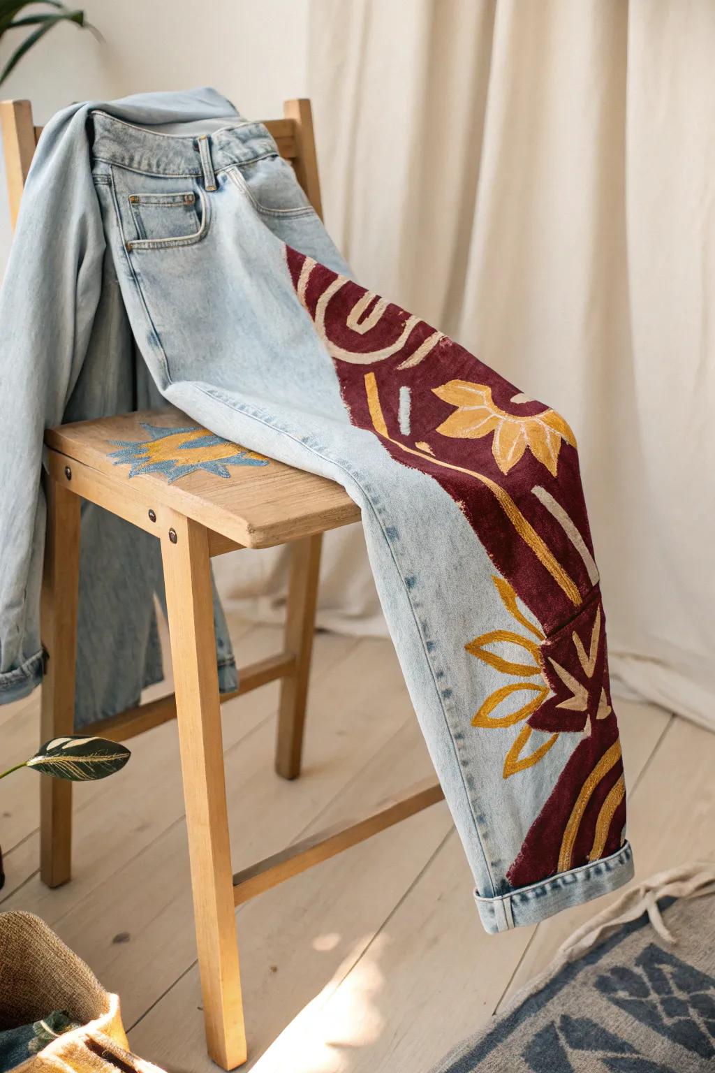 Show your school pride with grace and flair. Hand-painted jeans in your alma mater's colors add a chic, personal touch to any outfit.