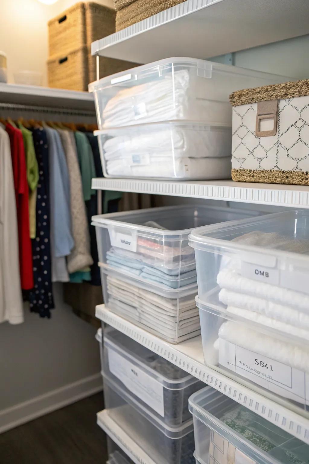 Transparent containers offer both visibility and structure for your linen storage.