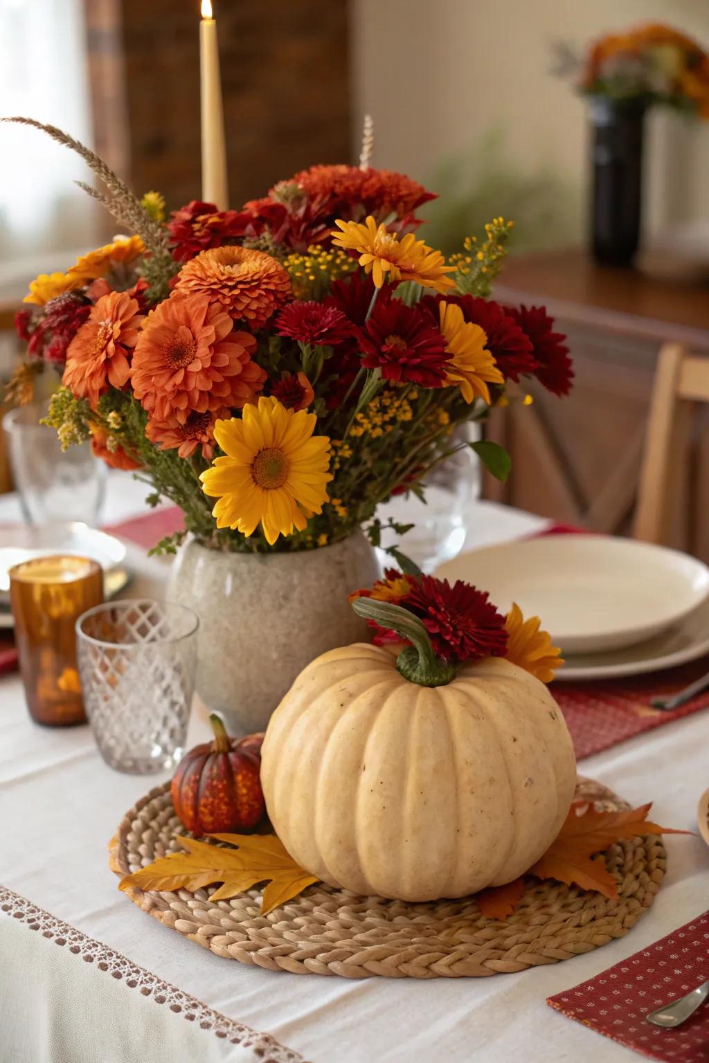 A squash container brimming with autumnal flowers introduces seasonal vibrancy.