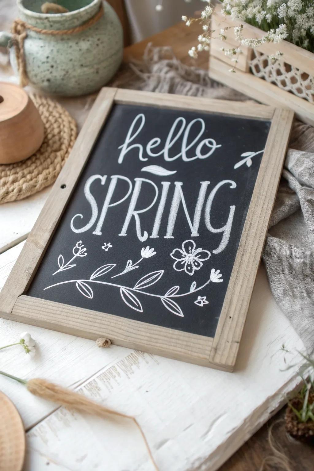 Embrace the splendor of rejuvenation with minimalist spring chalkboard artistry.