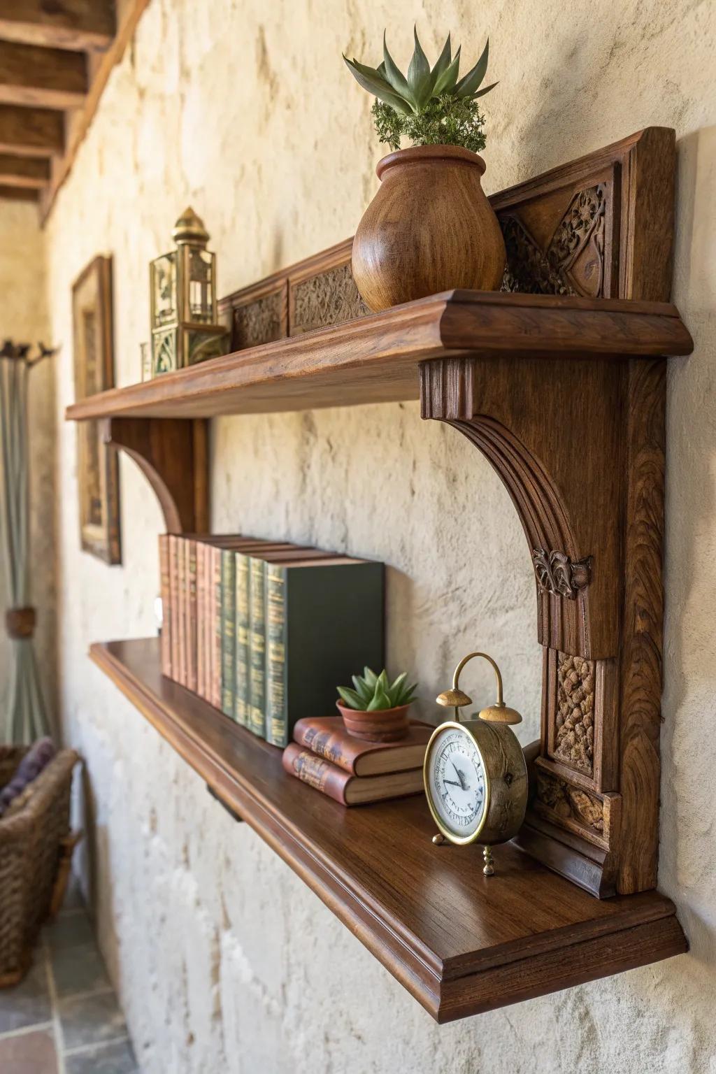Improve your space with artisanal wood shelving that amalgamates practicality and artistry.
