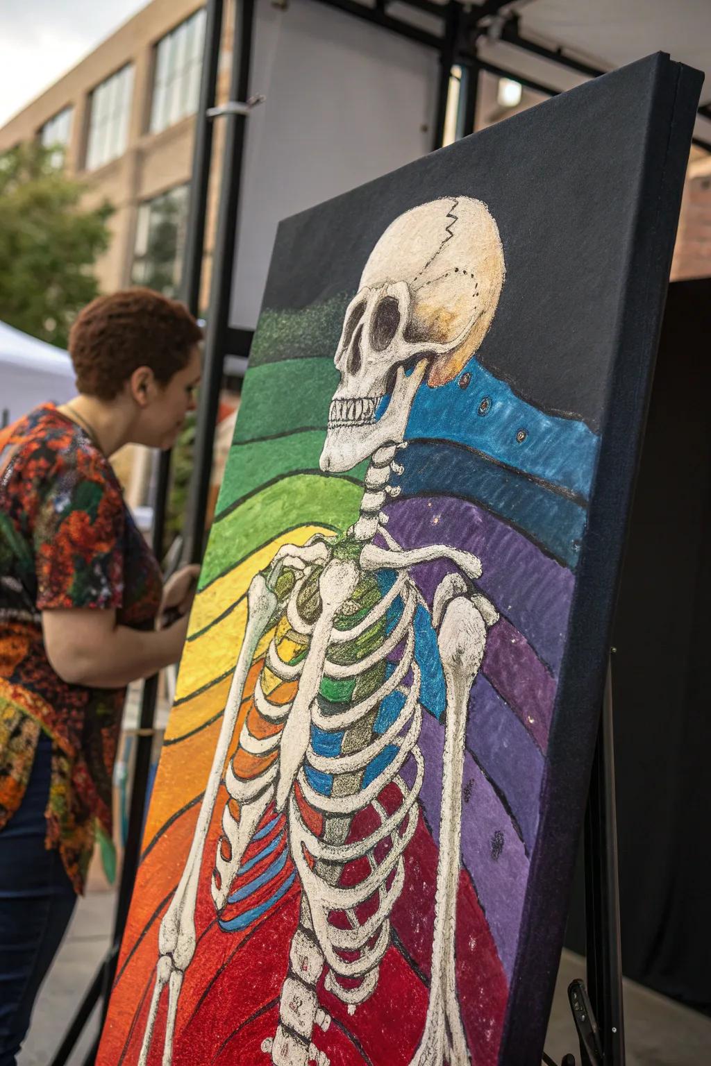 Showcase your artistry with this lively skeleton art piece, mixing bright colors and textures for an appealing wall display.