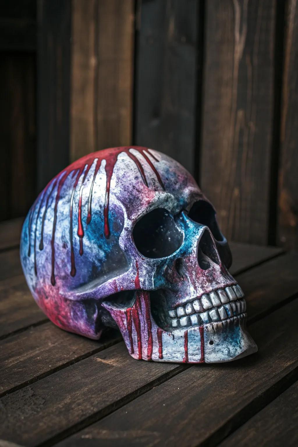 Embrace the charm of unpredictability with an exquisitely haunting fluid coloration impact on a uniquely designed skull.