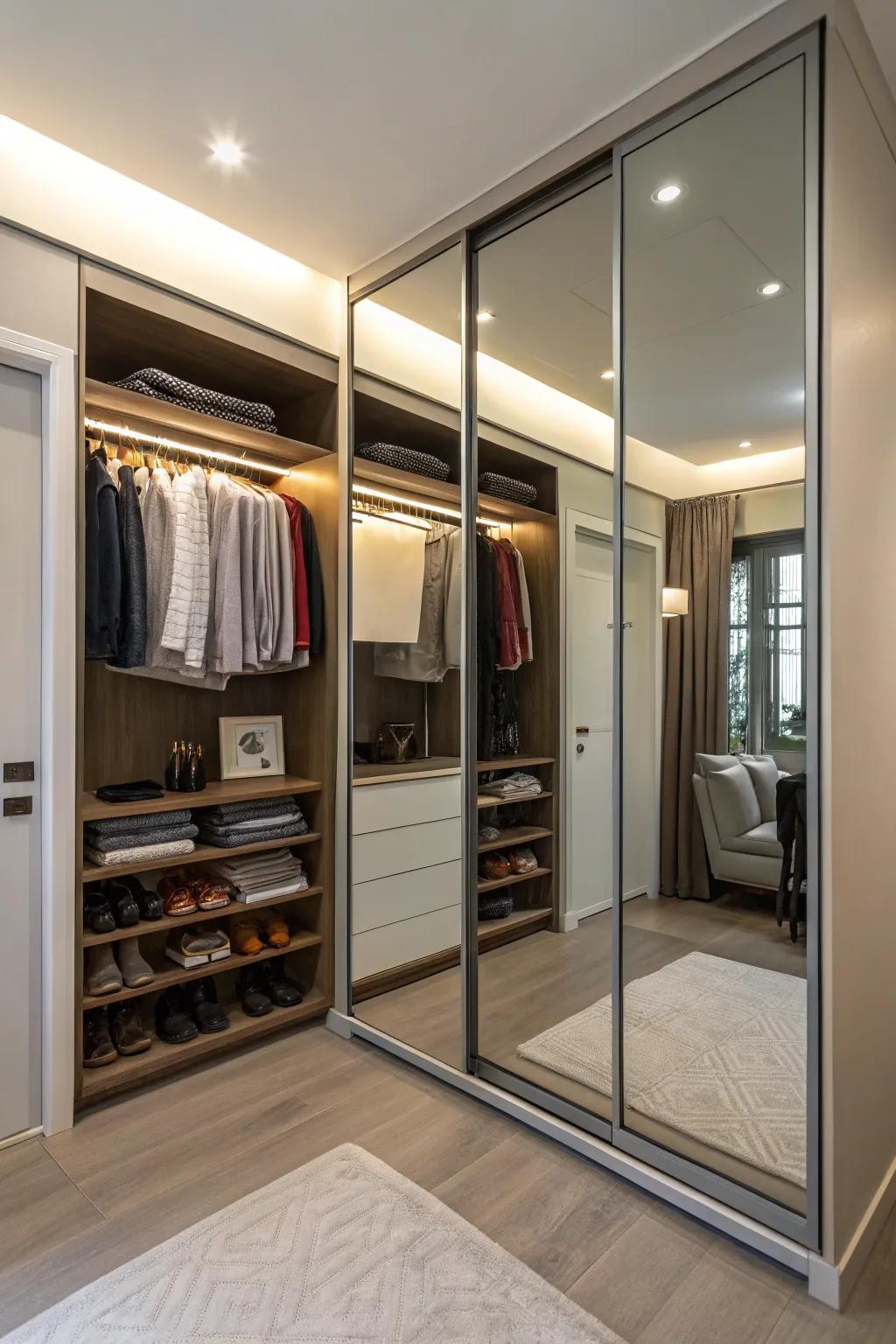 Mirrors add light and breadth to your closet area.