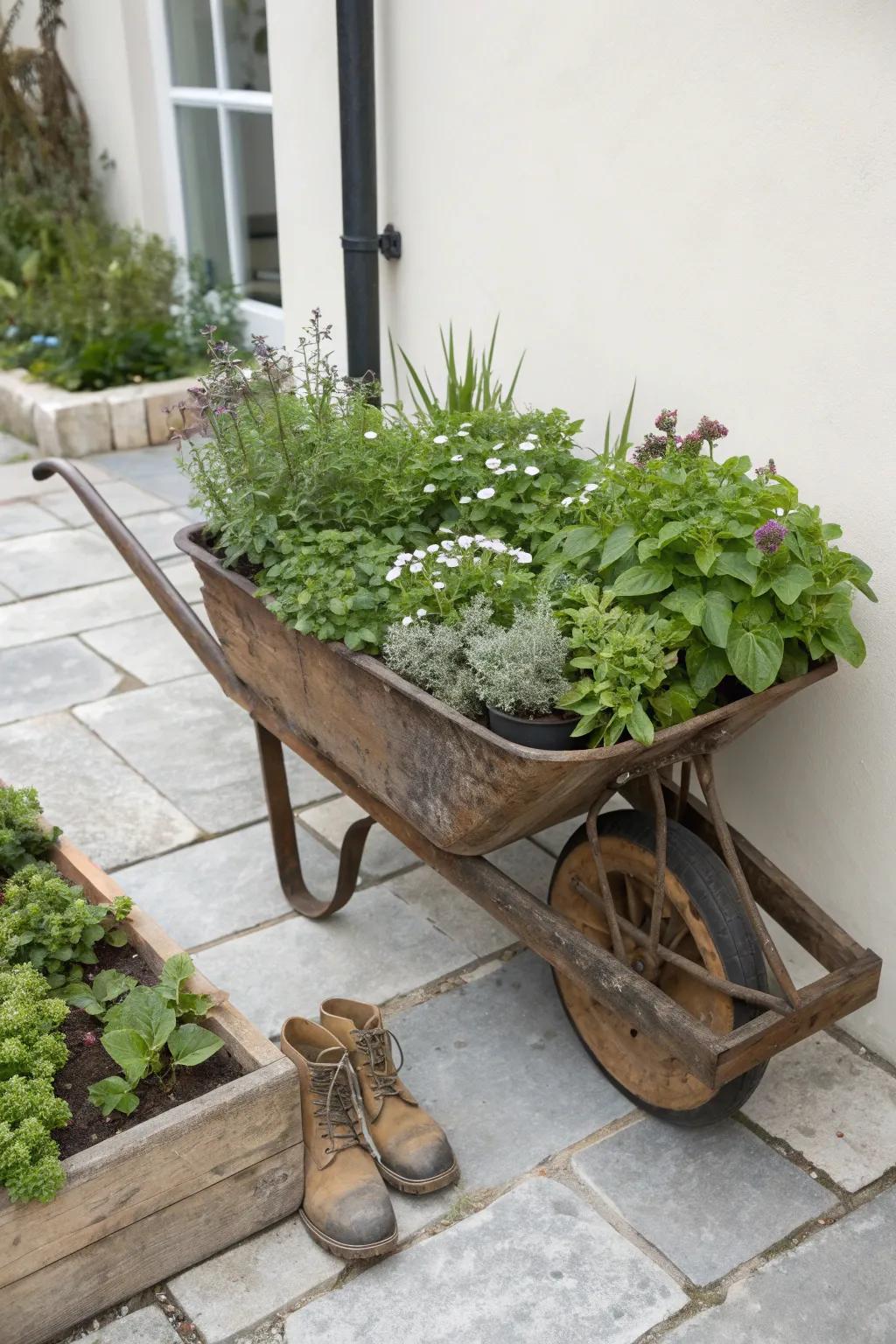 Revamp your garden through whimsical, imaginative receptacles such as an antique cart and aged footwear, merging Scandinavian simplicity with Boho allure.