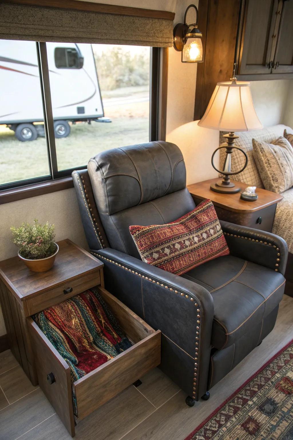 Turn your fifth wheel into a relaxing refuge with fashionable seating that provides both well-being and clever stowage options.