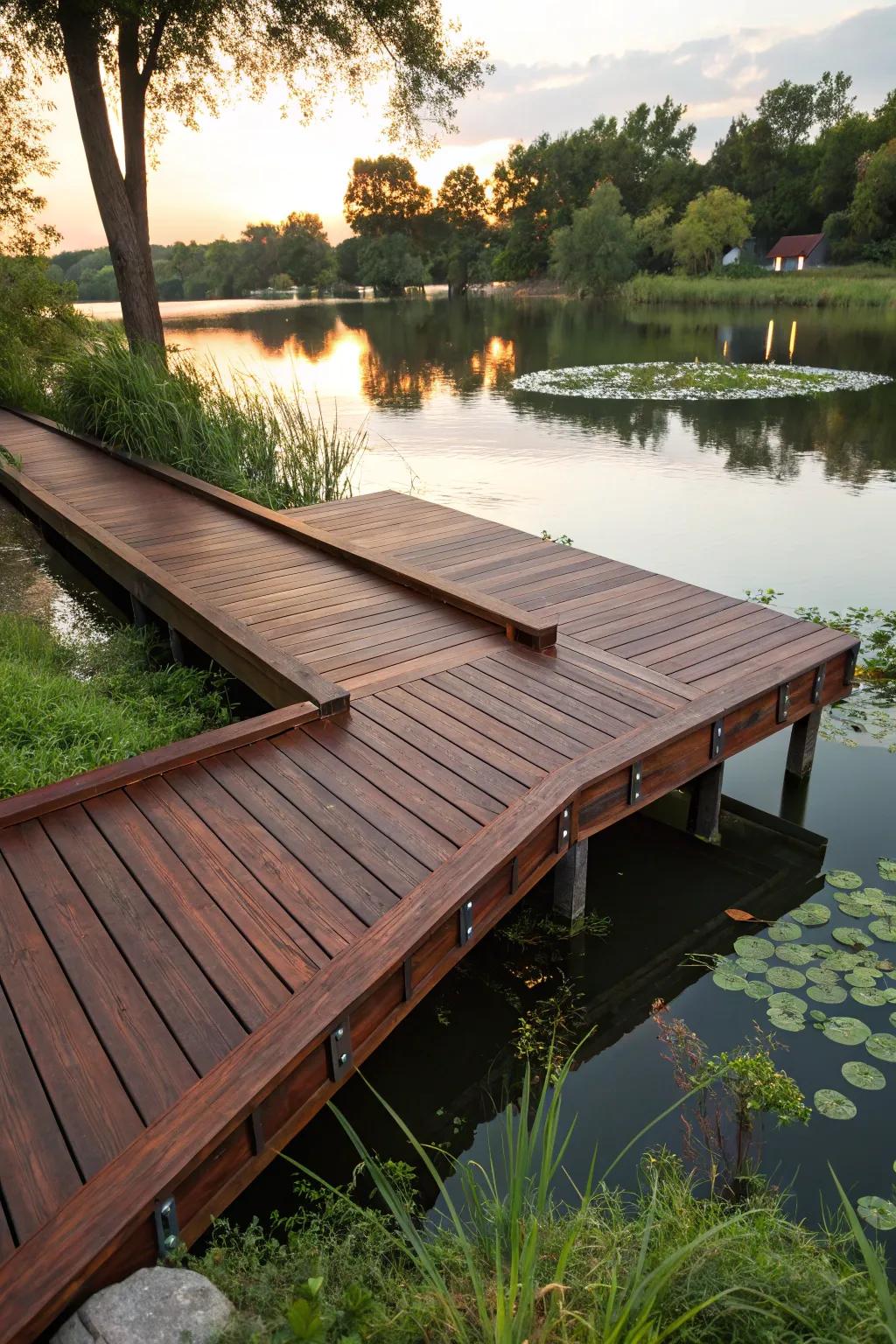 Discover serenity and adaptability within an L-shaped dock, where artistry harmonizes with placid waterside moments.