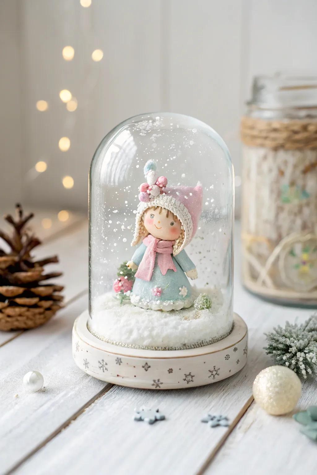 Capture the enchantment of winter with a handcrafted sculpted clay figurine snowglobe, a convergence of ingenuity and minimalist sophistication.