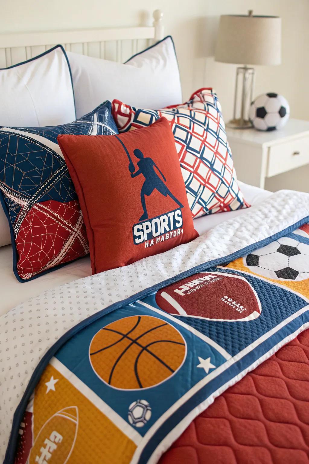 Bespoke linens and cushions highlighting sports team shades.