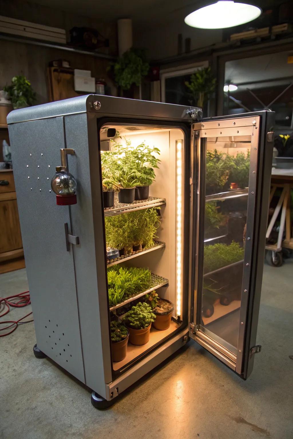 Transform your outdated mini fridge into a stylish covert grow chamber for herbs and small plants. #Craftsmanship #SecretGrowChamber