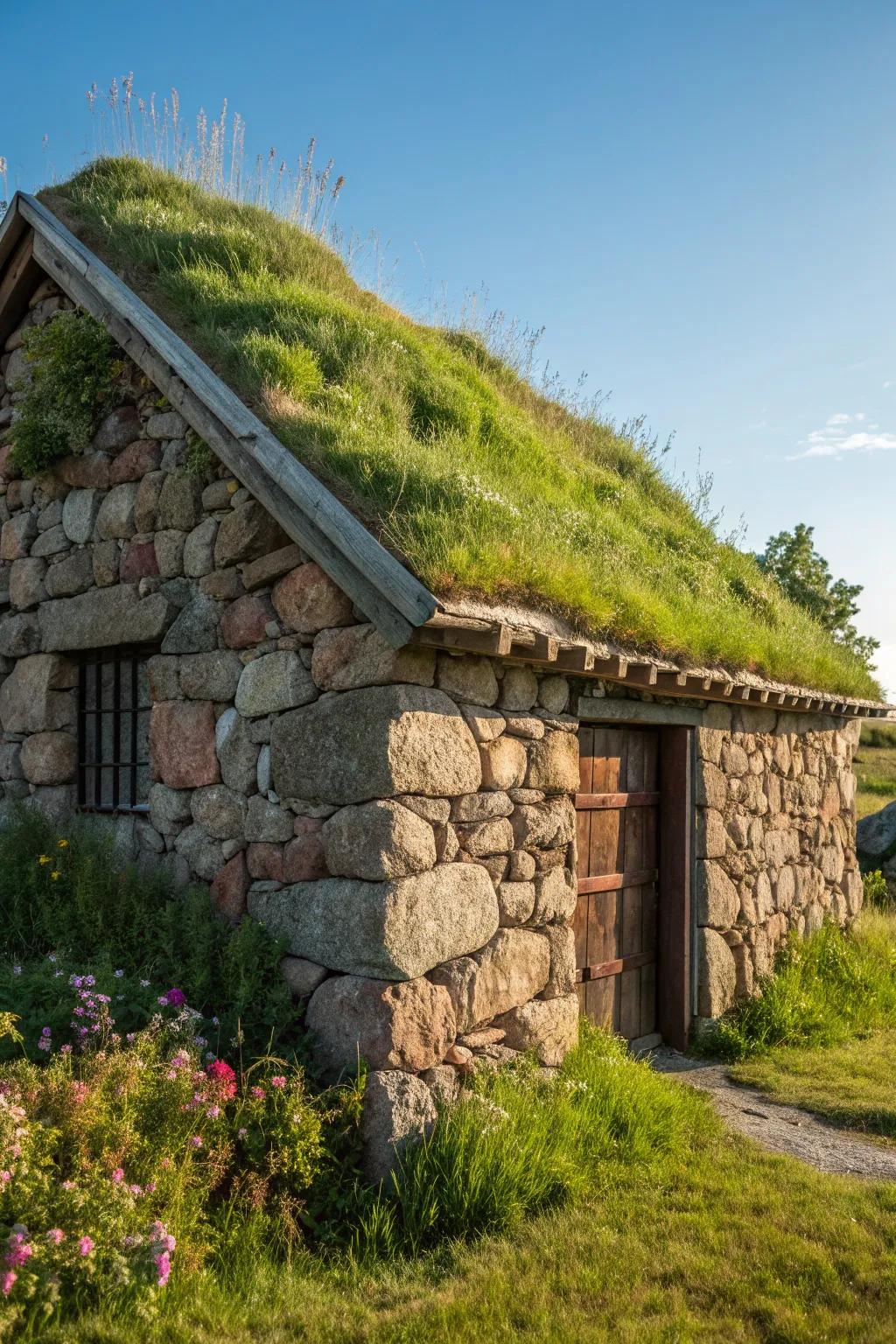 Enhance your surroundings with a breathtaking stone outbuilding crowned by flora. #Artisanship #EcoLiving