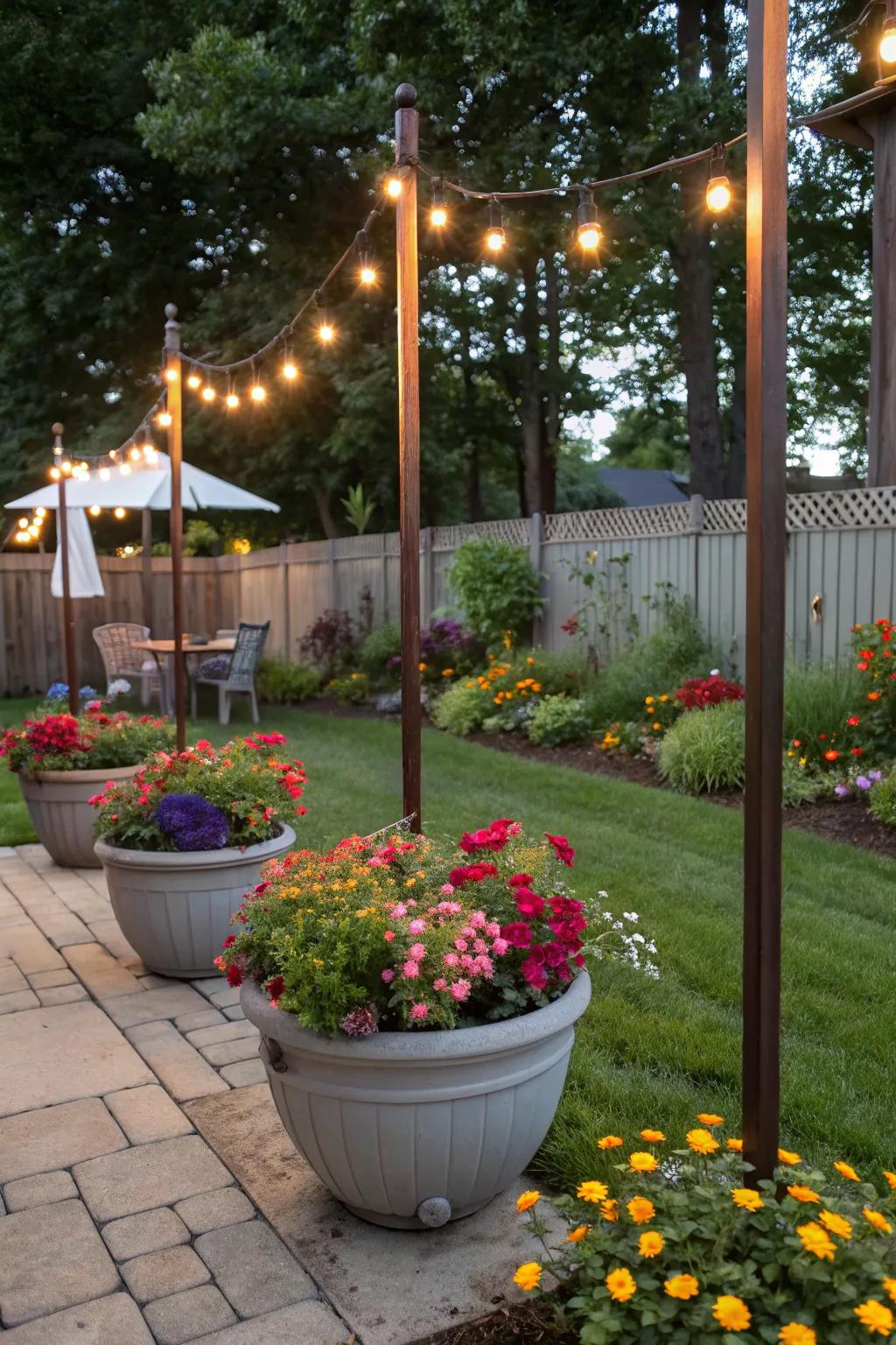 Floral containers serve a dual role, enhancing steadiness and adding greenery to your lighting supports.