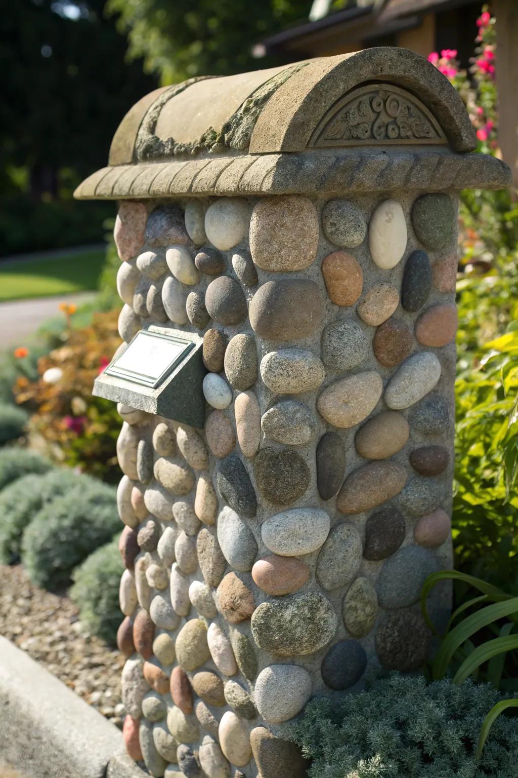 Harmonizing impeccably with the outdoors: a stone mail pillar that serves as a testament to artistry and panache.