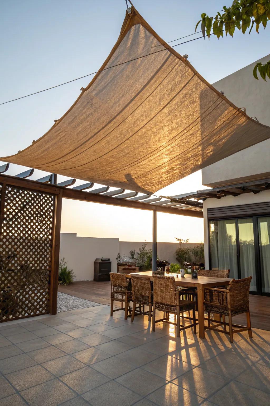 Enhance your outdoor dining moments with a sophisticated shadow canopy, merging artistry with ease.