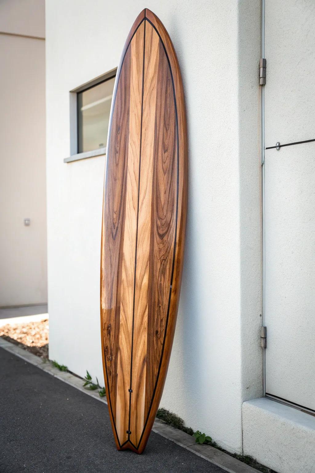 Embrace nature’s grace with this lumber-patterned surfboard, where artistry aligns with ageless flair.