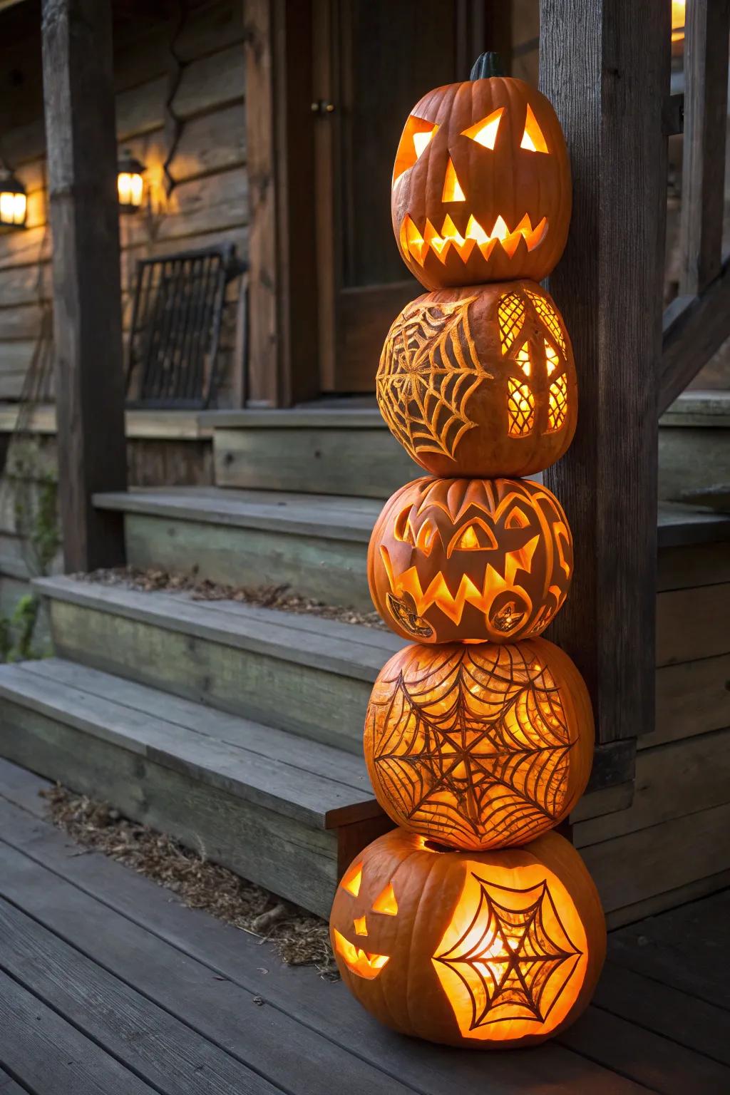 Elevate your Halloween decorations with a stunning layered gourd monument, showcasing the art of elaborate carving.