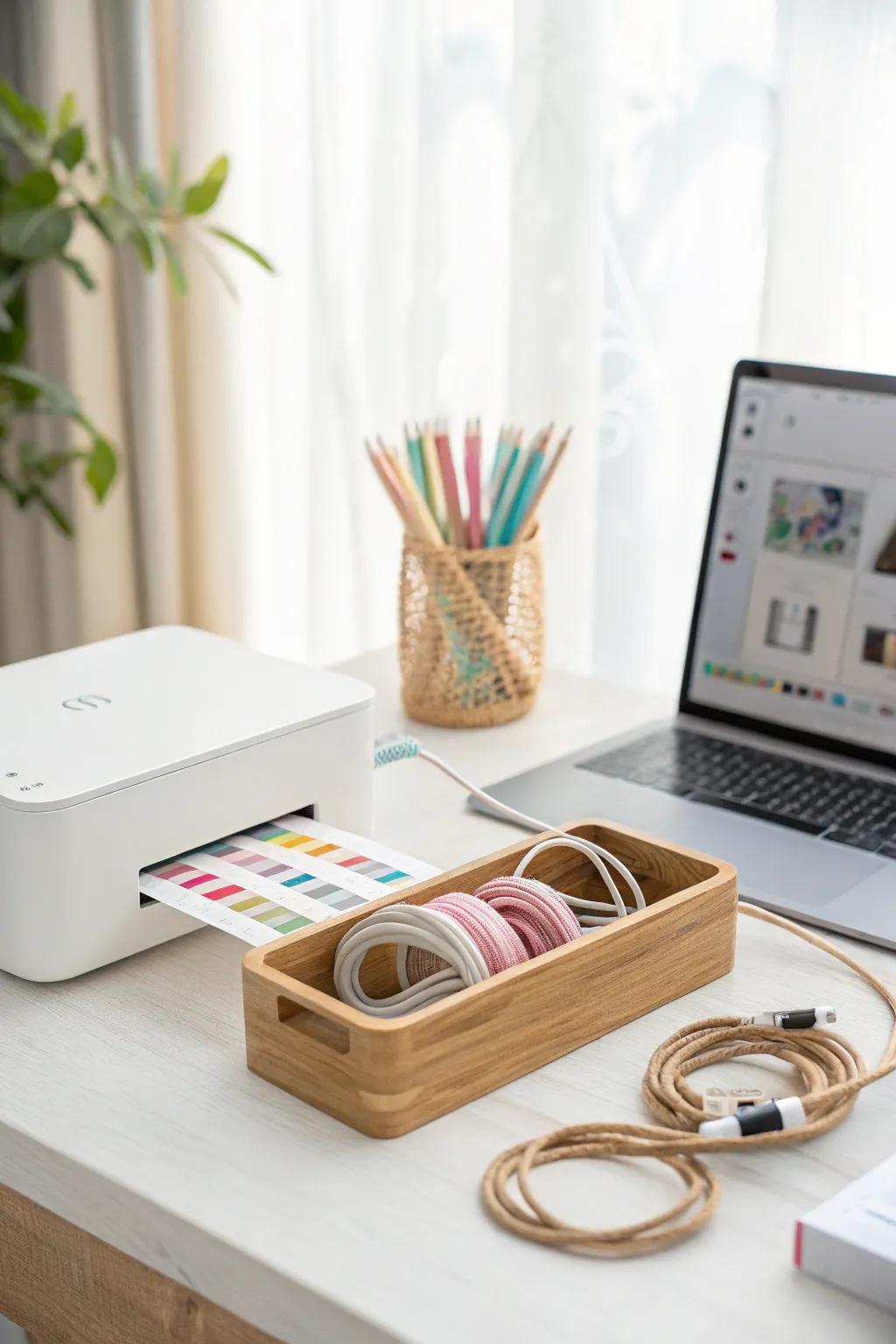 Transform your workstation with elegant cord management, highlighting vibrant efficiency and simplicity!