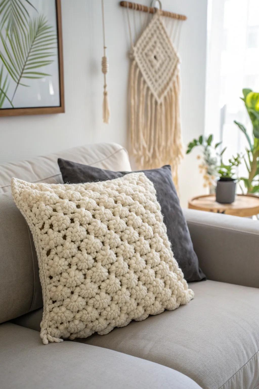 Savor the opulence of handmade comfort with a smooth, crocheted ornamental cushion.