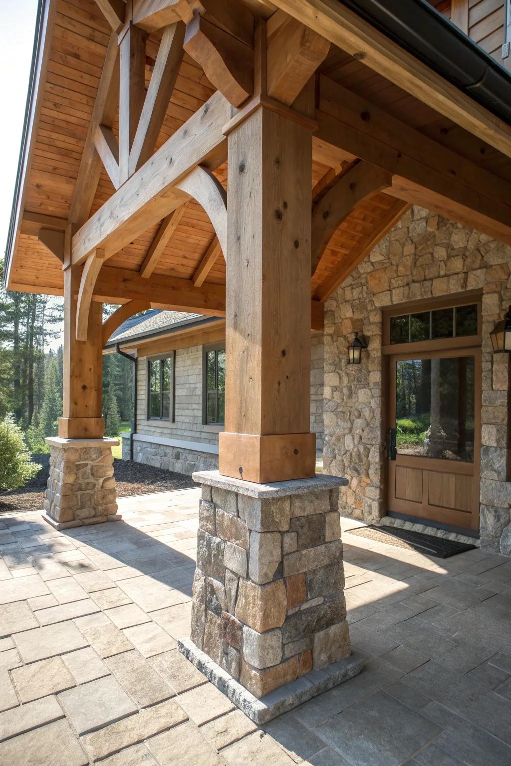 Elevate your porch aesthetic with the quintessential blend of timber and stone artistry.