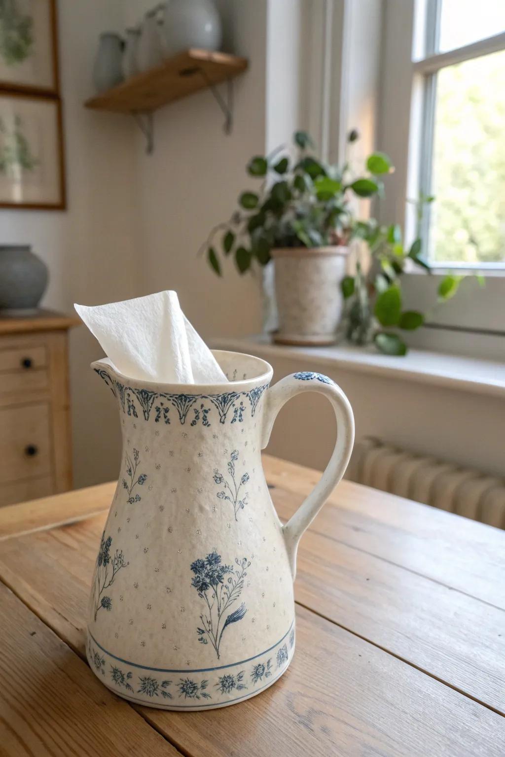 Convey countryside sophistication using a country-style water jug tissue dispenser.
