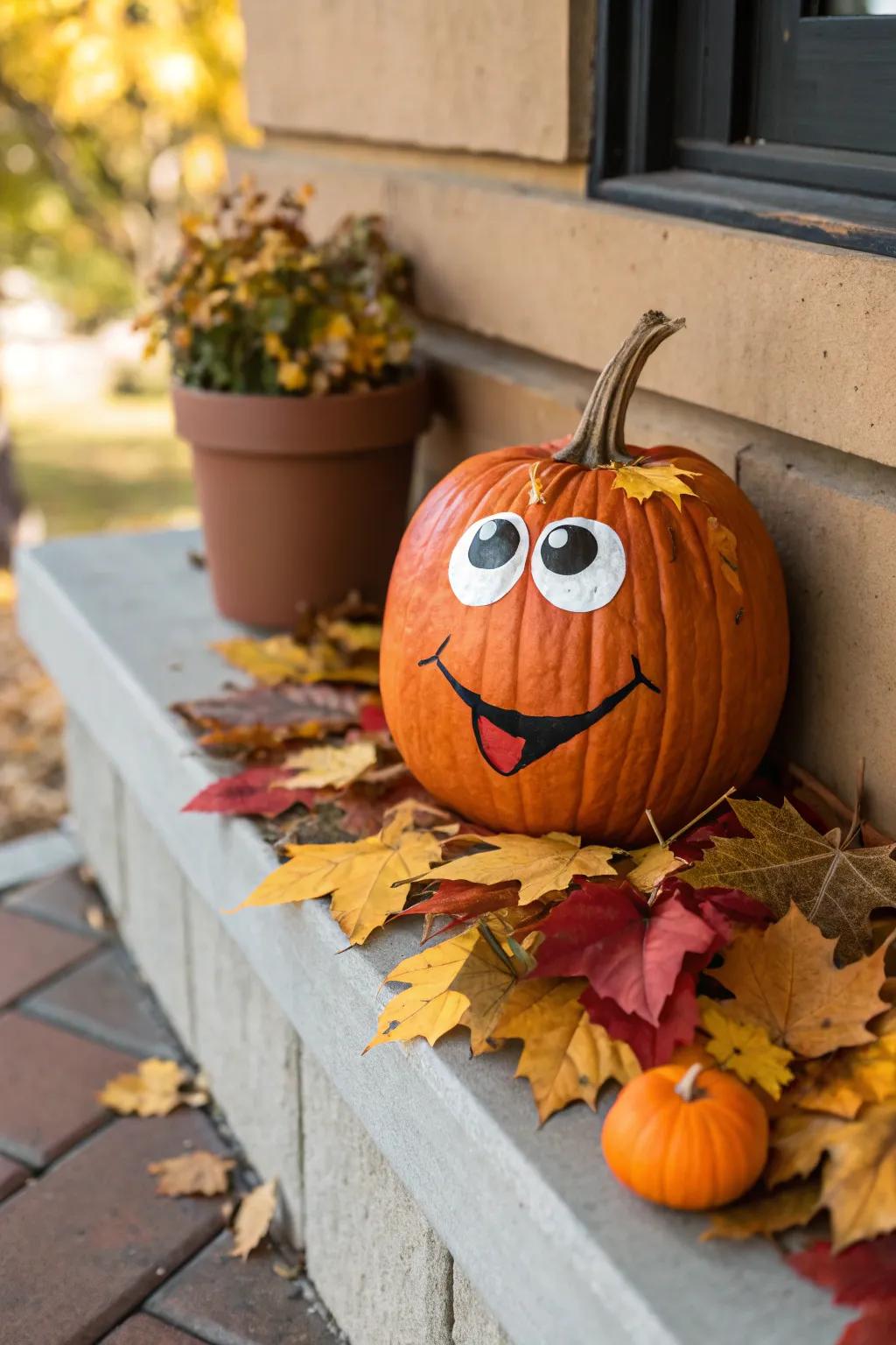 A quirky pumpkin featuring googly eyes, sure to bring smiles.