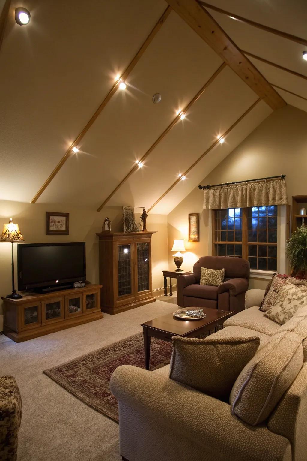 Ambient track lighting imparts a cozy essence to sprawling living spaces.