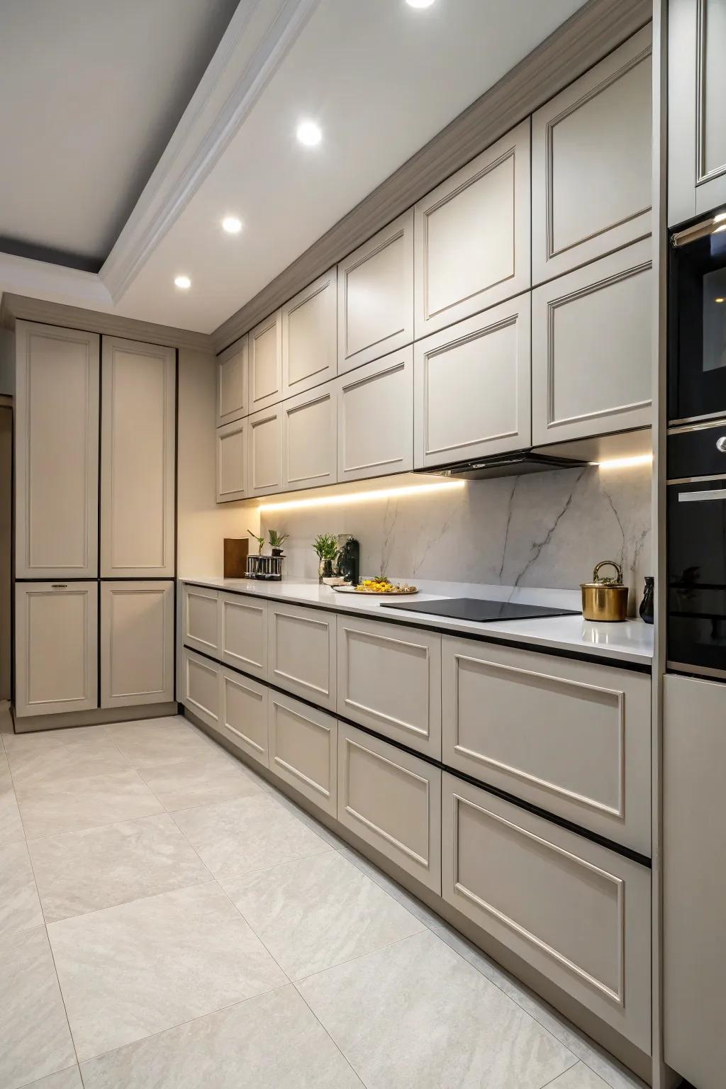 Crisp lines impart a contemporary nuance to this transitional kitchen.