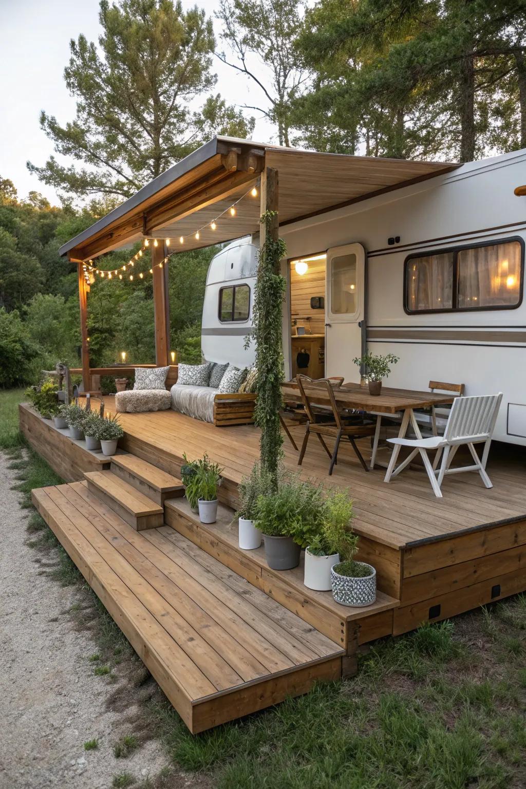 Improve your campsite using an enchanting split-level timber terrace, excellent for eating, lounging, plus a hint of nature's charm.