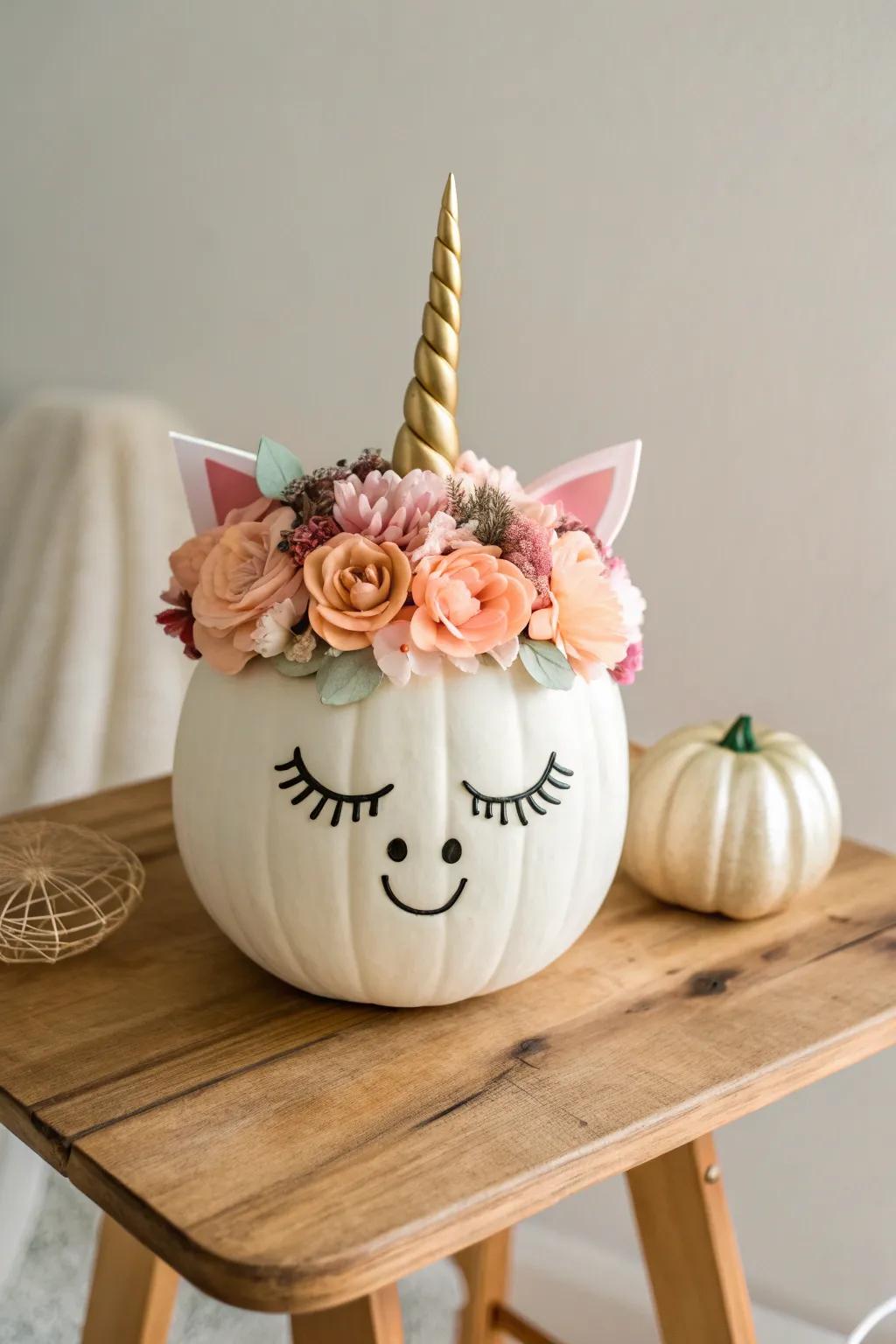 Celebrate the enchantment of the season with a floral-crowned equine pumpkin, a superb fusion of sophistication and whimsy.