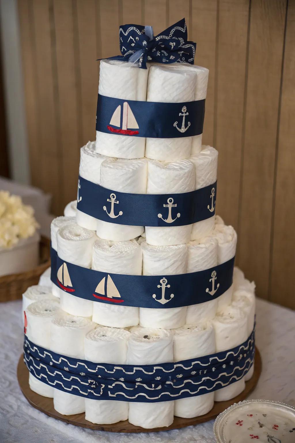 Cast off onto a sea of imagination through this coastal-themed diaper cake, a flawless union of skill and design.