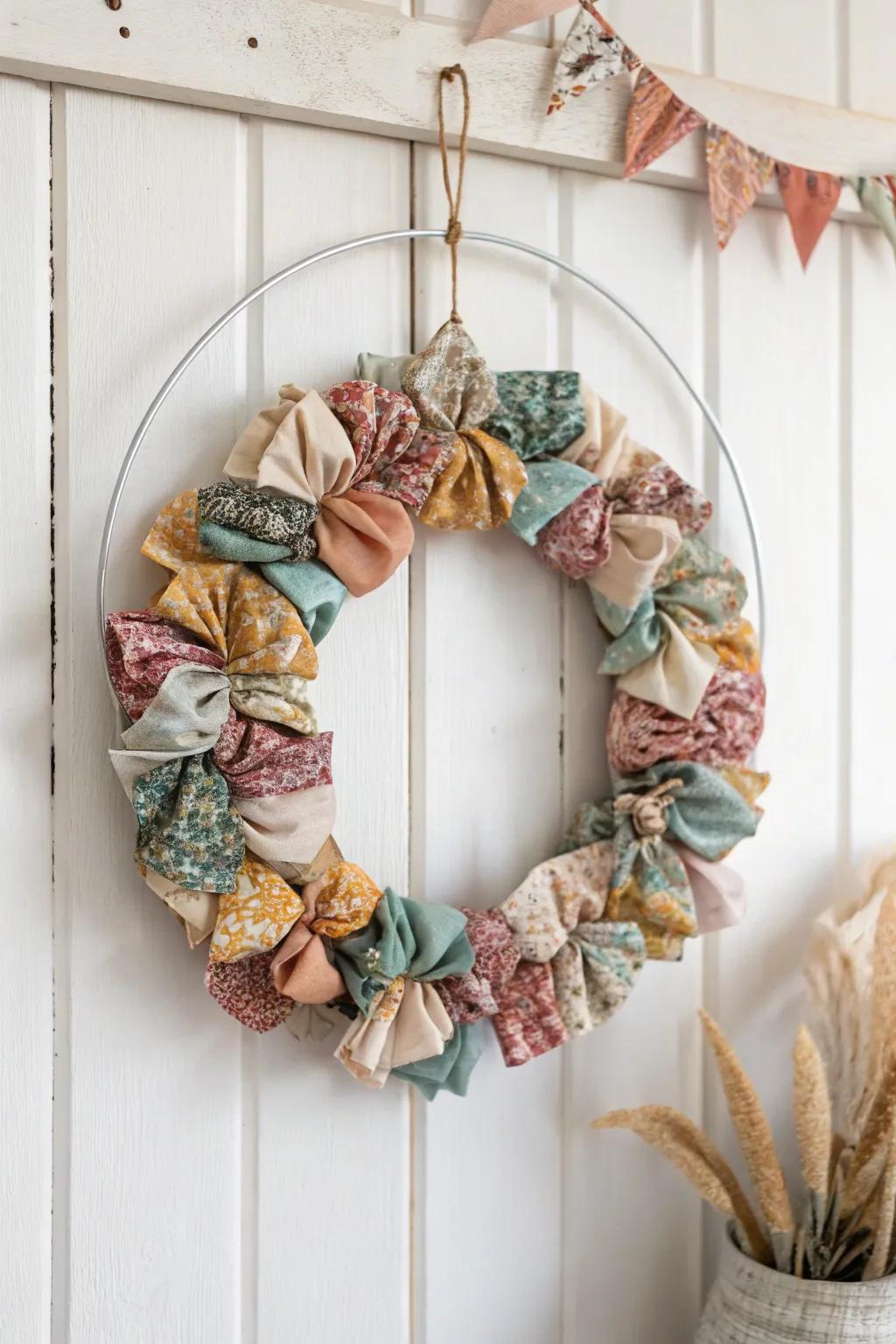 Transform your textile remnants into a striking wreath that imparts a hint of individual style and allure to your abode.