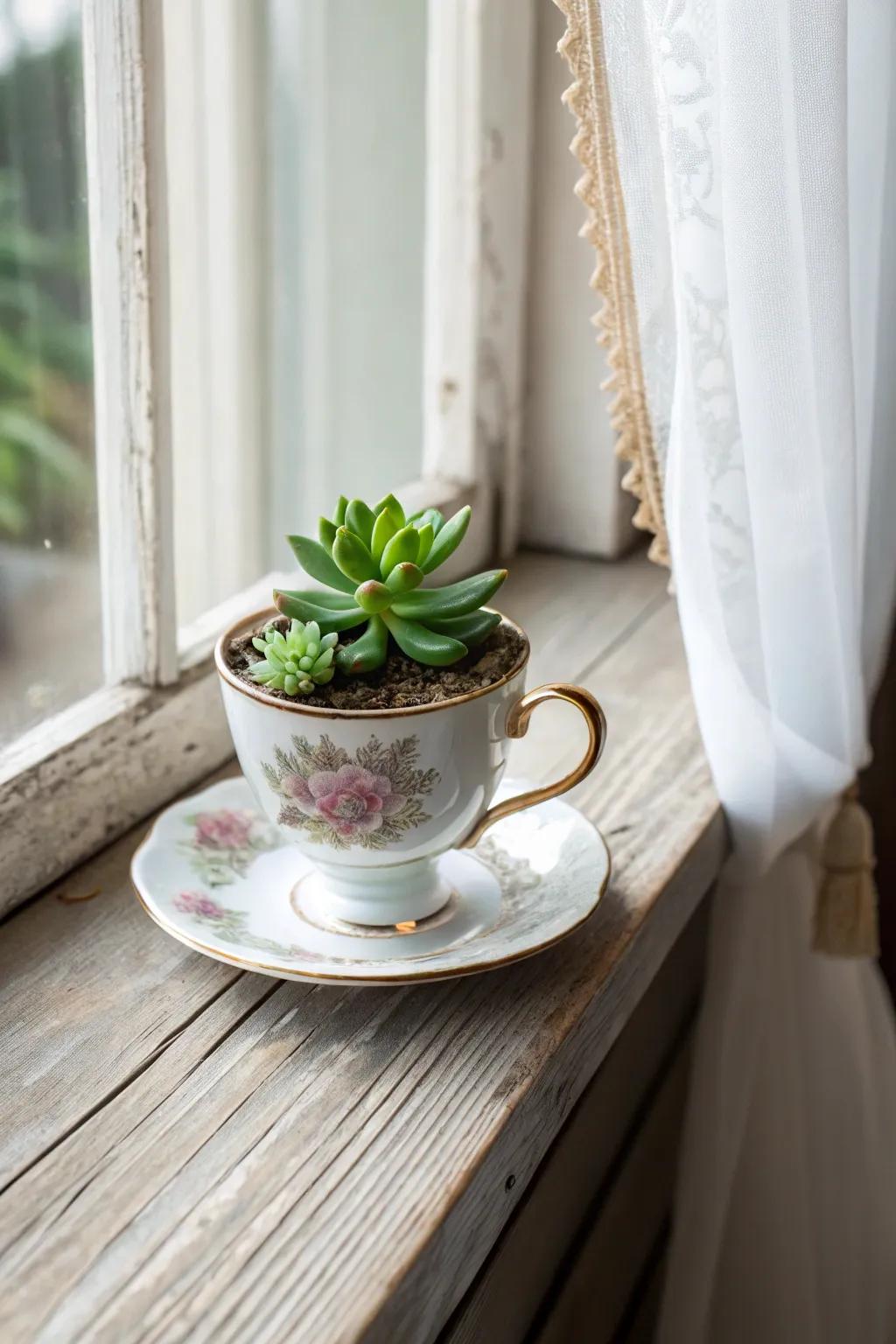 Transforming porcelain cups into captivating planters—a smidgen of cottage enchantment for your abode.