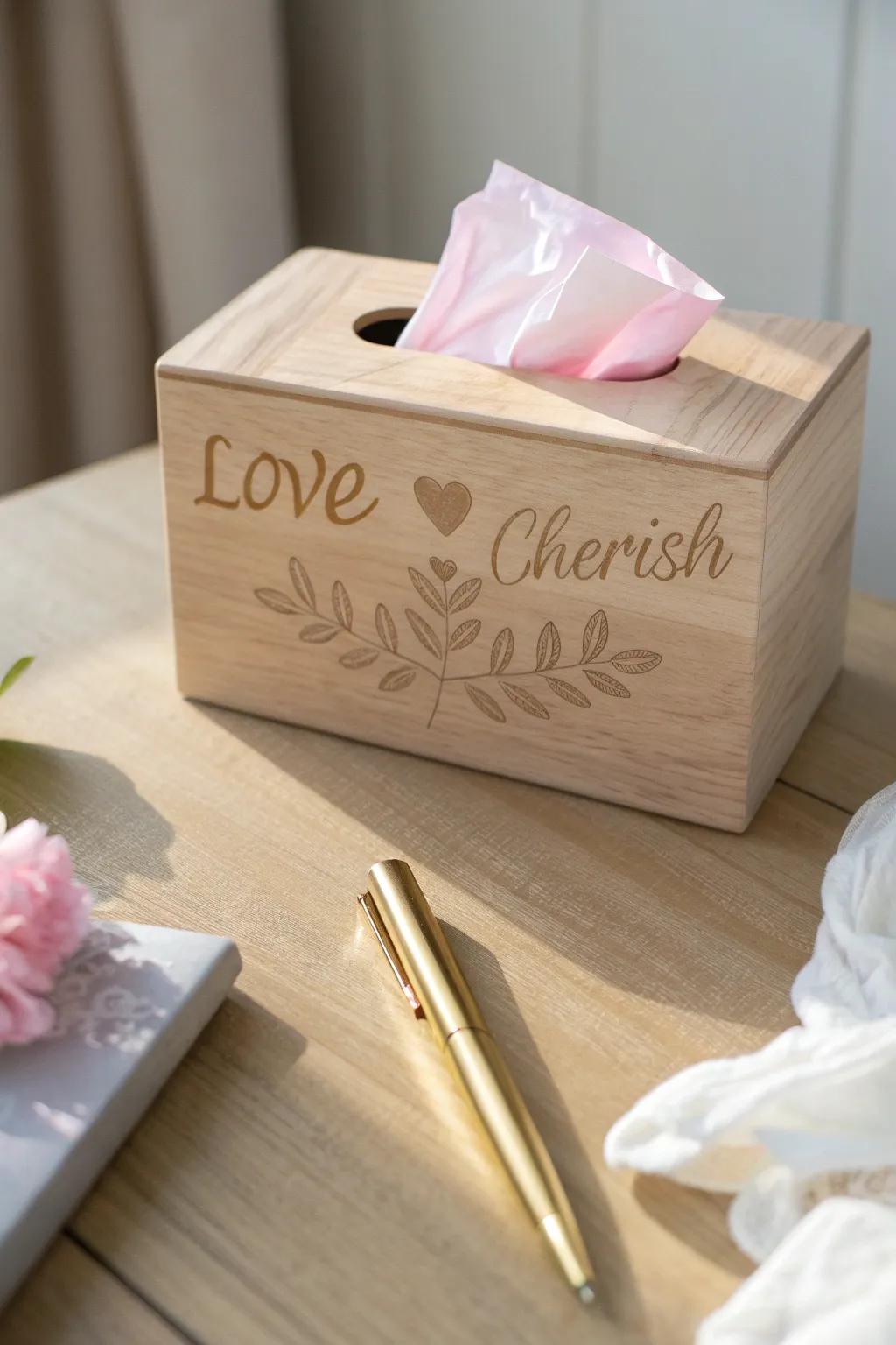 Infuse an affectionate sentiment into your Valentine's Day through individualized inscriptions upon a finely crafted tissue box.