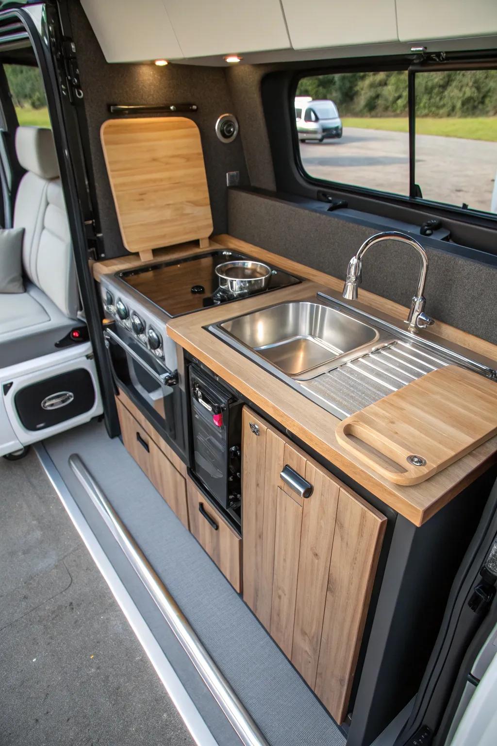 Perfect the art of van life with this expertly made pull-out kitchen. Compact functionality meets elegant design.