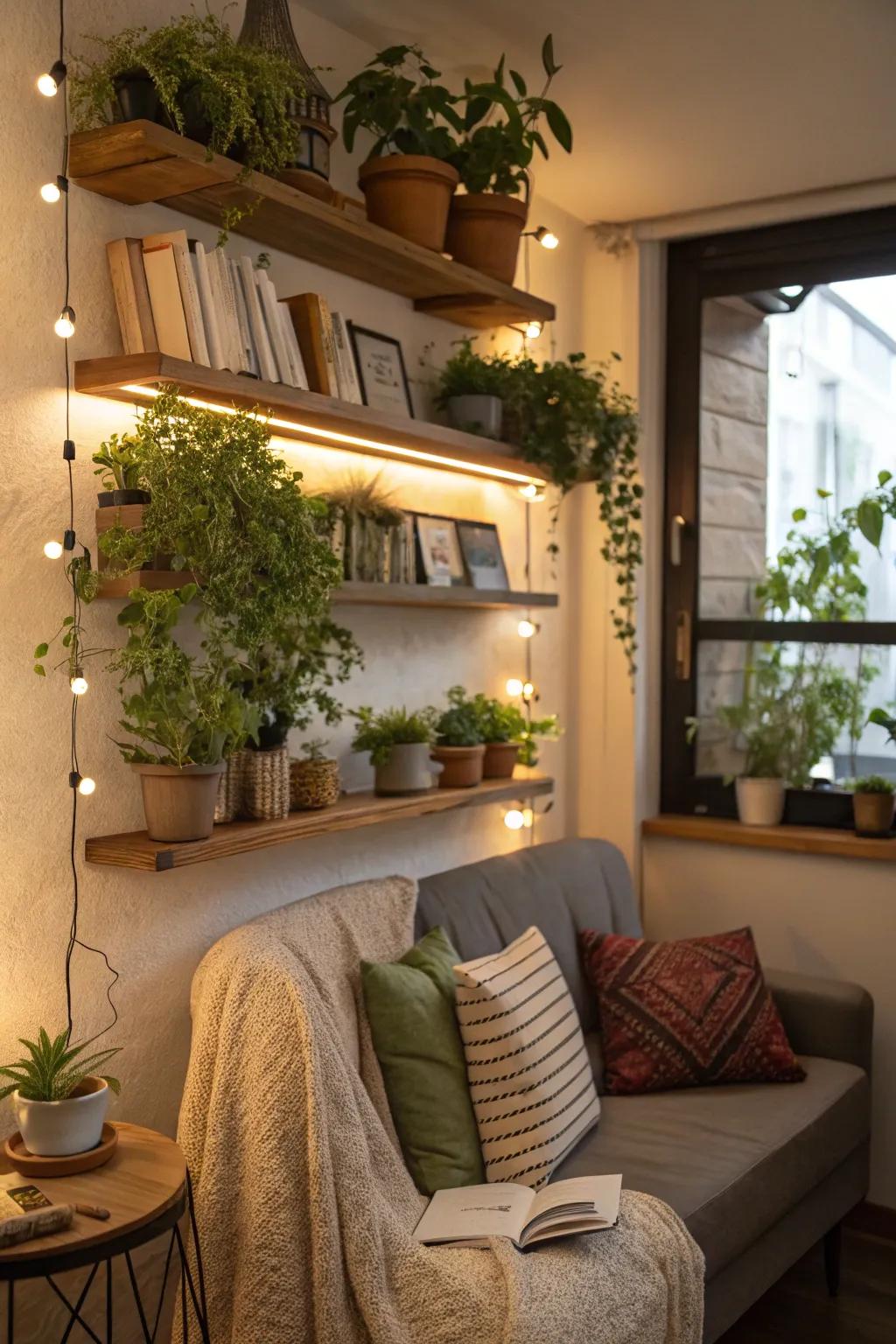Elevated platforms populated with dynamic plants, crafting a vibrant and cozy reading alcove.