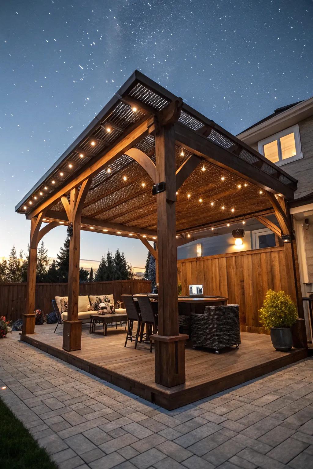 Transform your evenings with the captivating glow of integrated LED lighting in a meticulously crafted pergola roof.