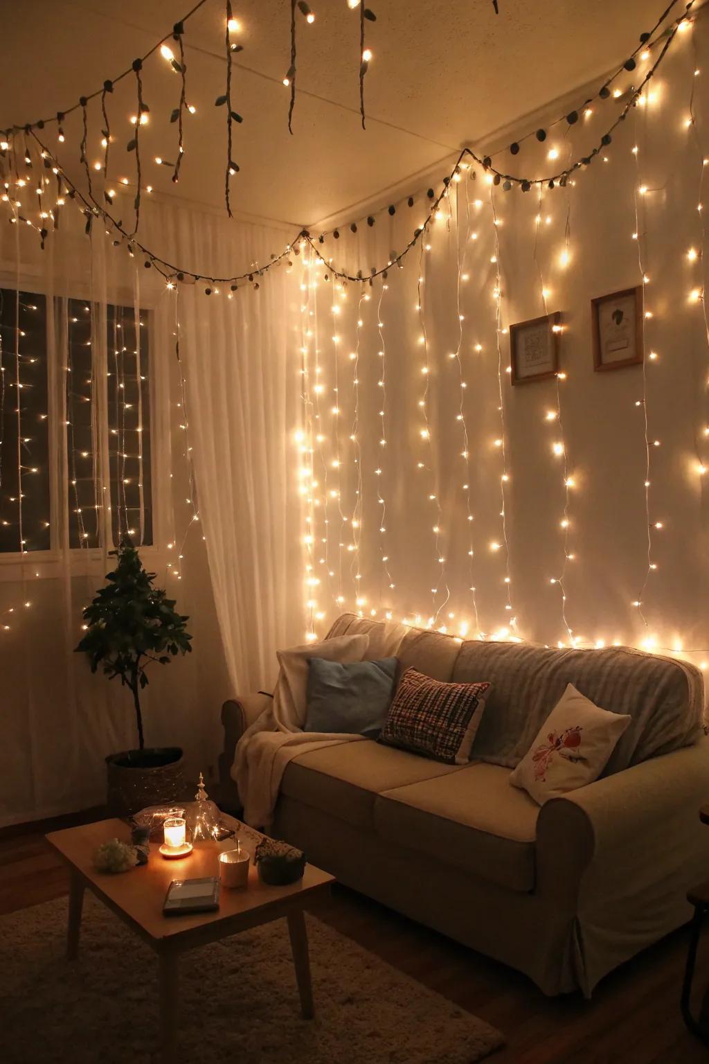 Delicate lights infuse an ethereal glow into the space.