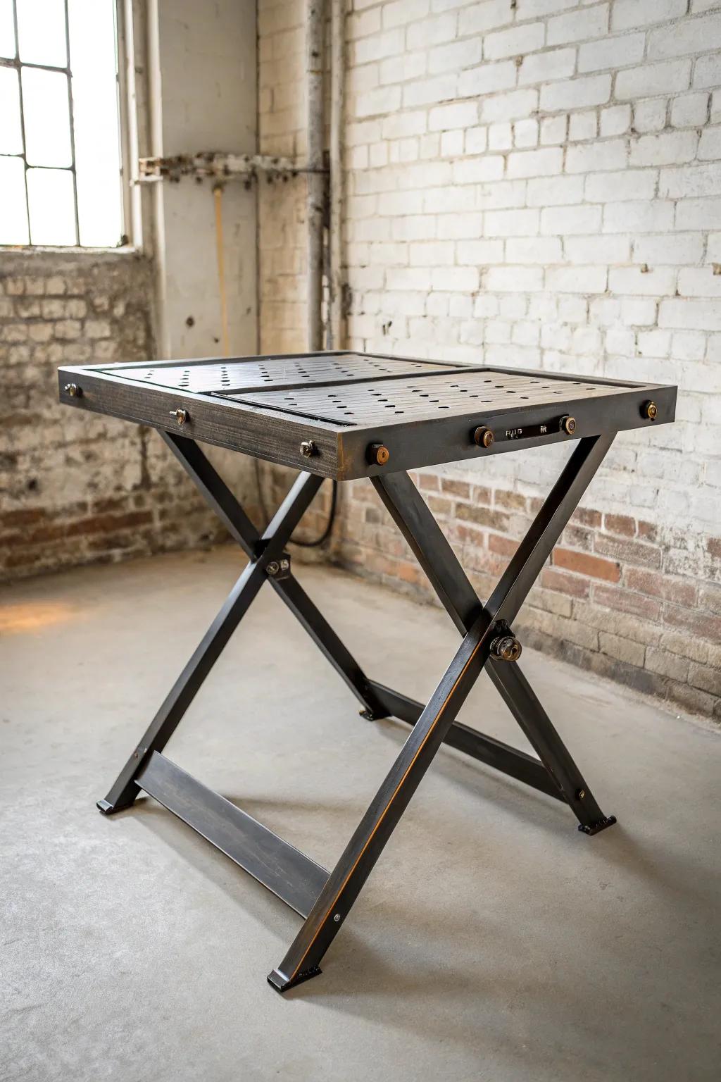 Skill combines practicality: A streamlined collapsible welding table for the contemporary artisan.