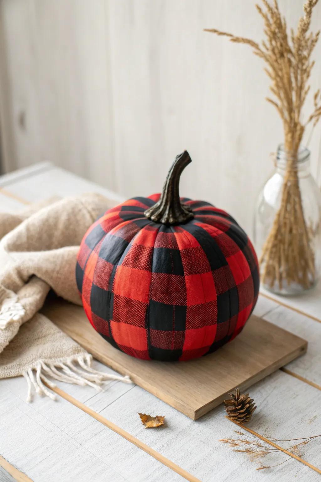 Embrace inviting countryside feelings with this charming ox yoke patterned pumpkin, ideal for a minimalist autumn setting.
