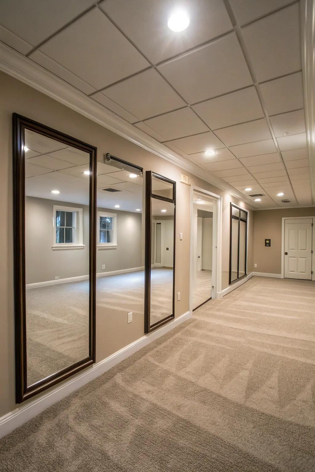 Mirrors can heighten the sensation of area within a basement lacking windows.