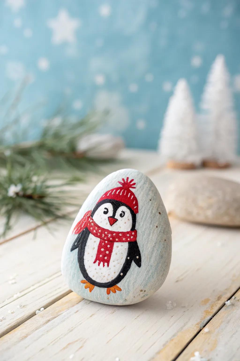 Charming aquatic bird rock art: a touch of whimsy for your winter decor.