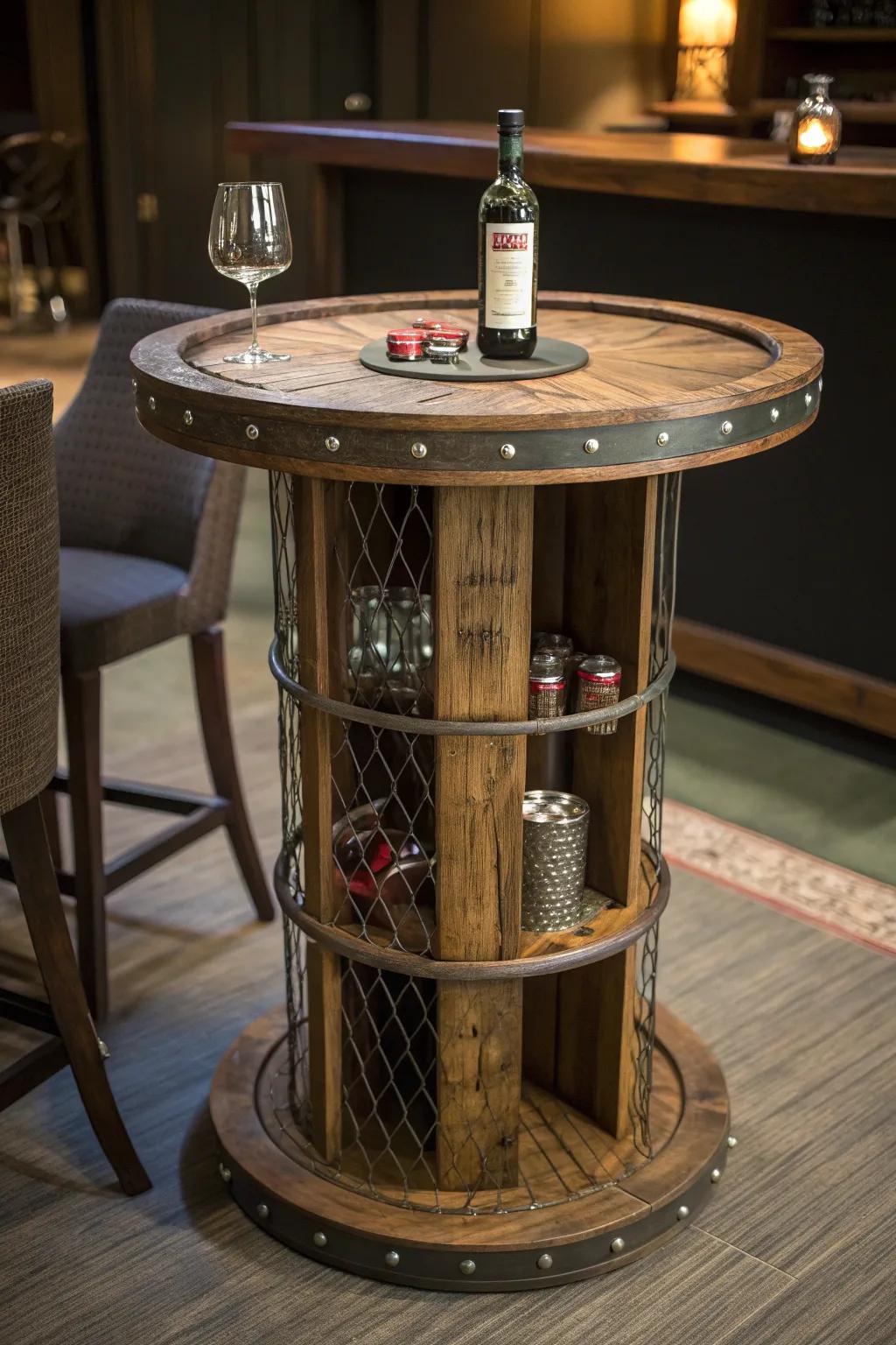 Refine your game room with this expertly designed cable wheel bar table – where industrial appeal meets elegant functionality.