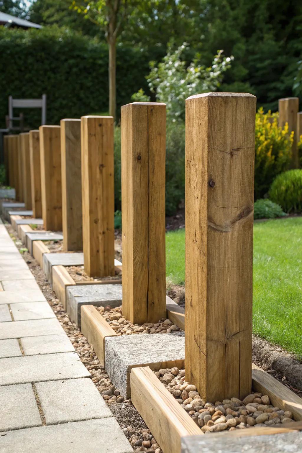 Amplify your garden's design with the striking allure of vertically oriented lumber stake edging.