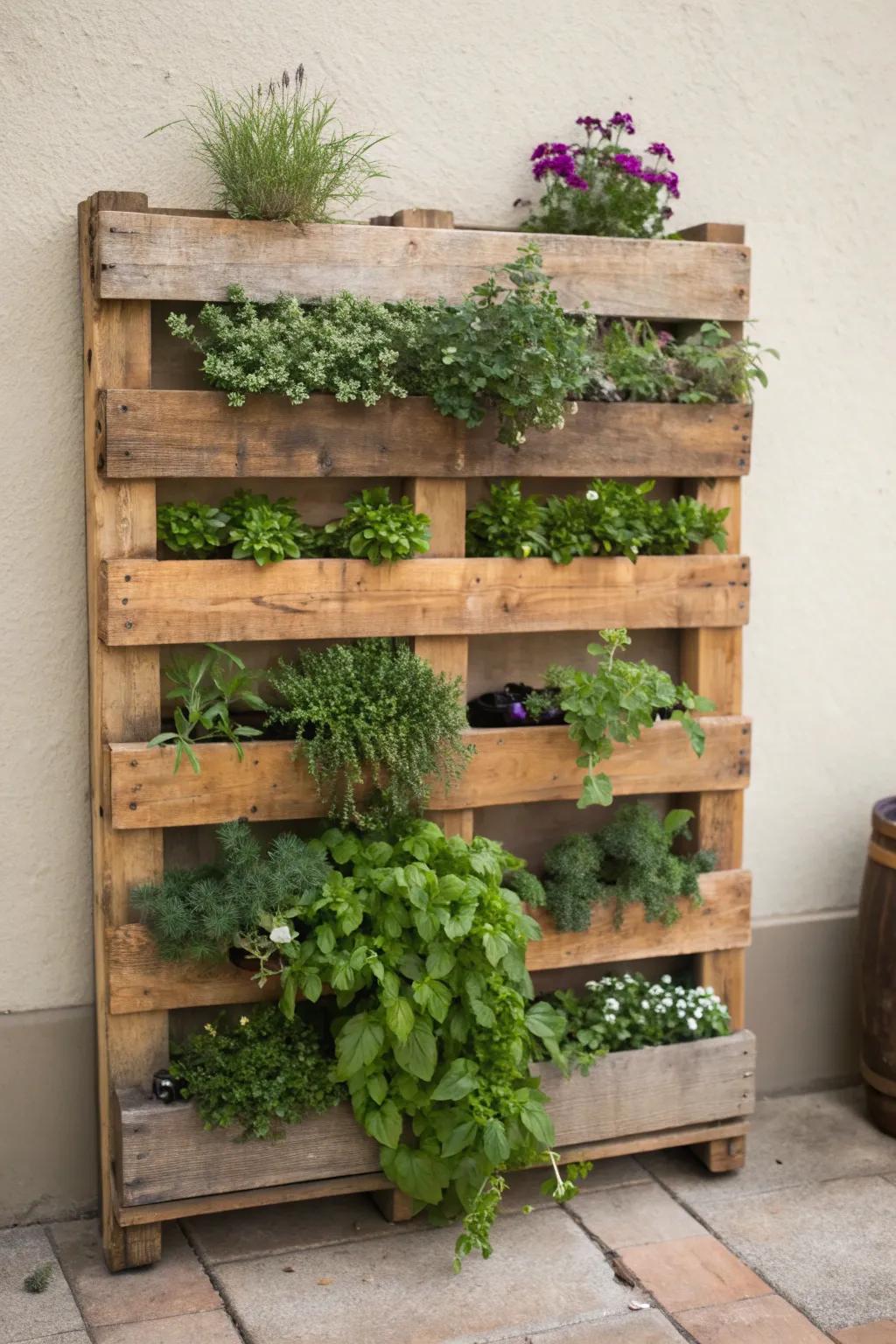 Transform your partition into a flourishing haven with this striking upright garden fashioned from a wooden pallet.