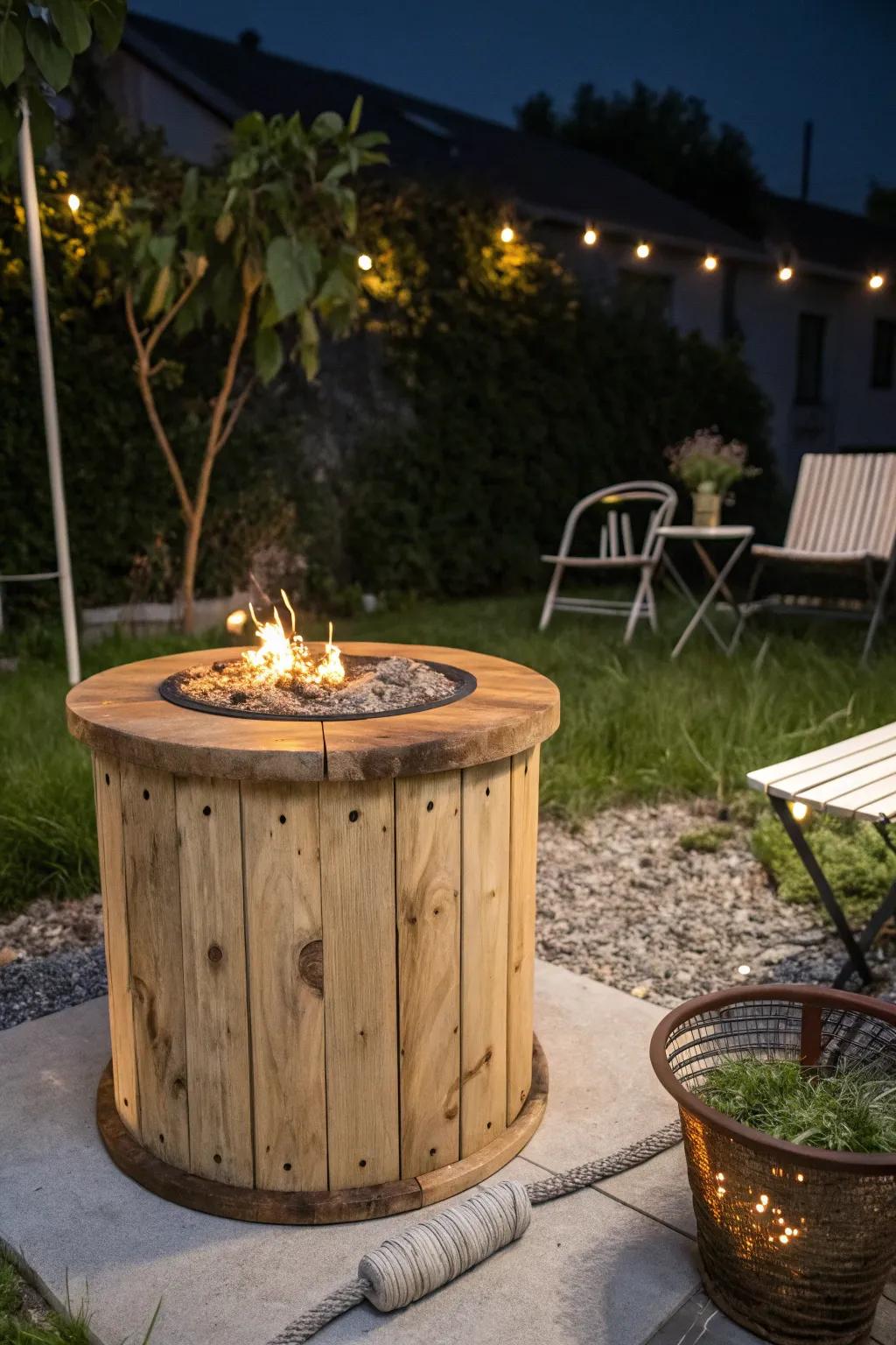 With a rustic wooden spool fire pit base that blends simplicity and natural beauty, you can transform your outdoor events.