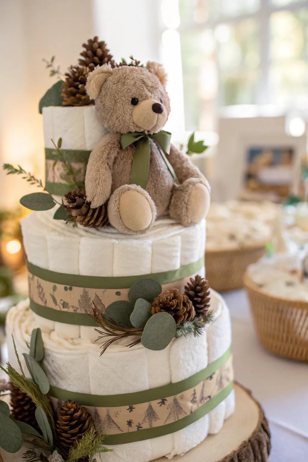 Embrace the allure of simplicity through an Ursine Embrace Nappy Cake, where minimalist sophistication converges with woodland enchantment.