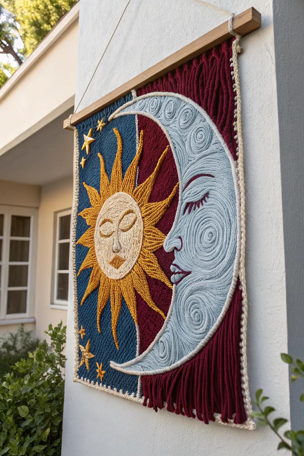 Cosmic magnetism embodied in yarn: A mesmerizing sun and moon fabrication poised to elevate your personal space.