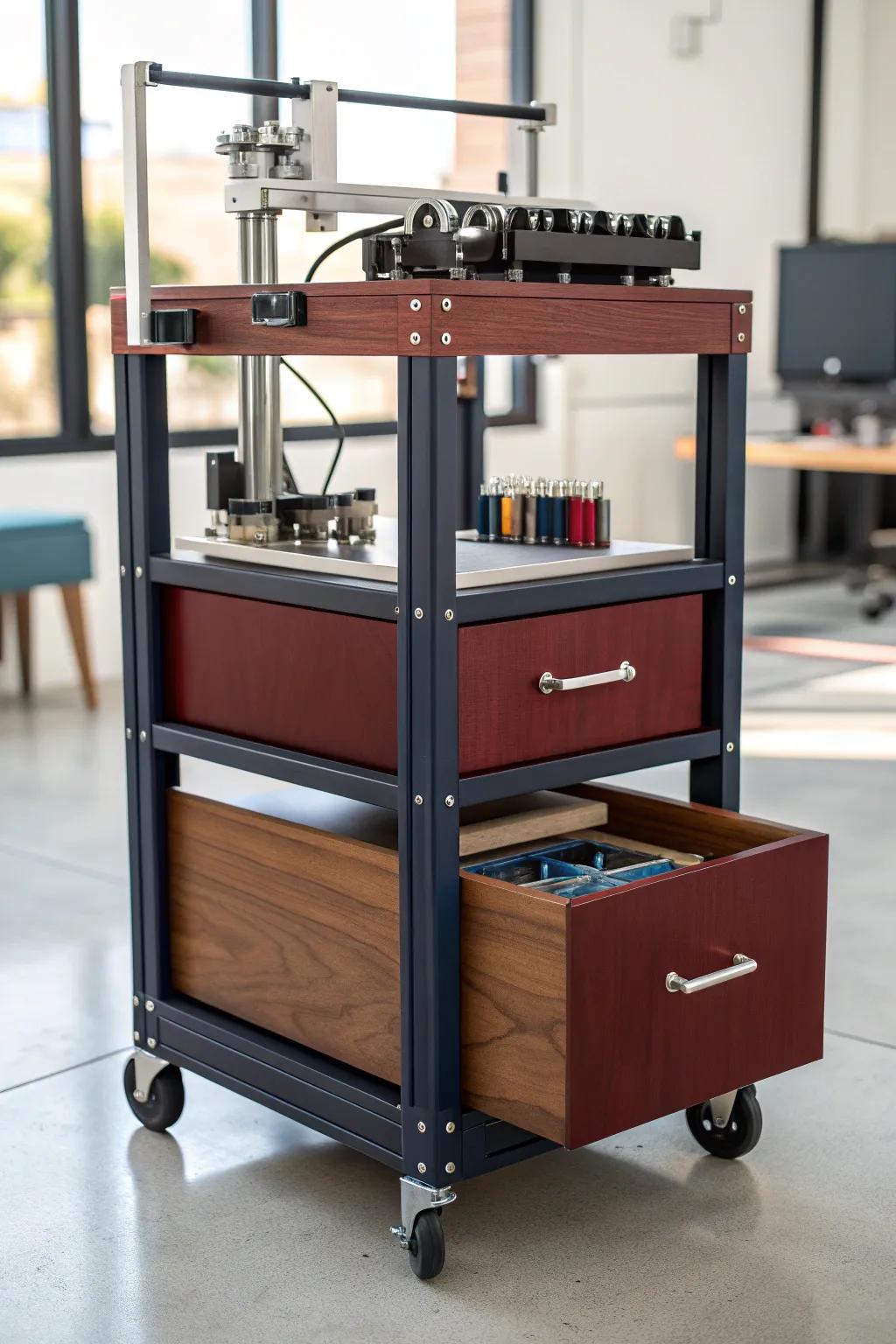 Upgrade your workspace with this stylish and functional Digital Fabricator trolley, perfect for the dynamic artisan.