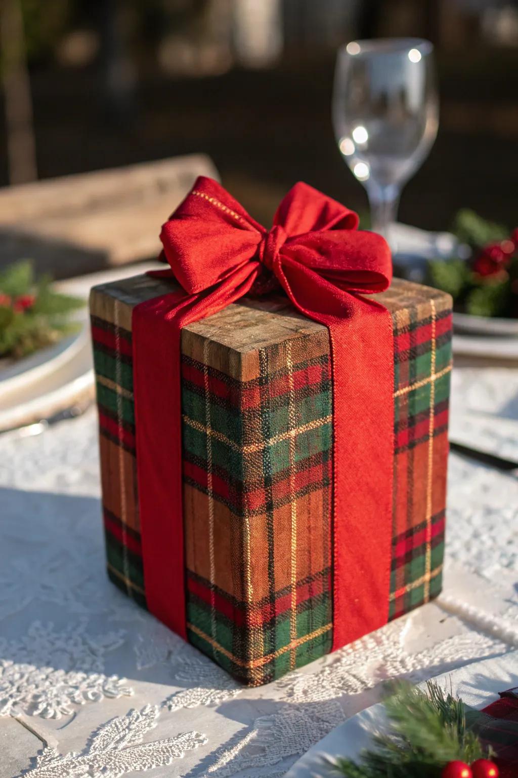 Craftsmanship aligns with Christmas cheer: A striking tartan-wrapped gift piece to elevate your holiday decorations.