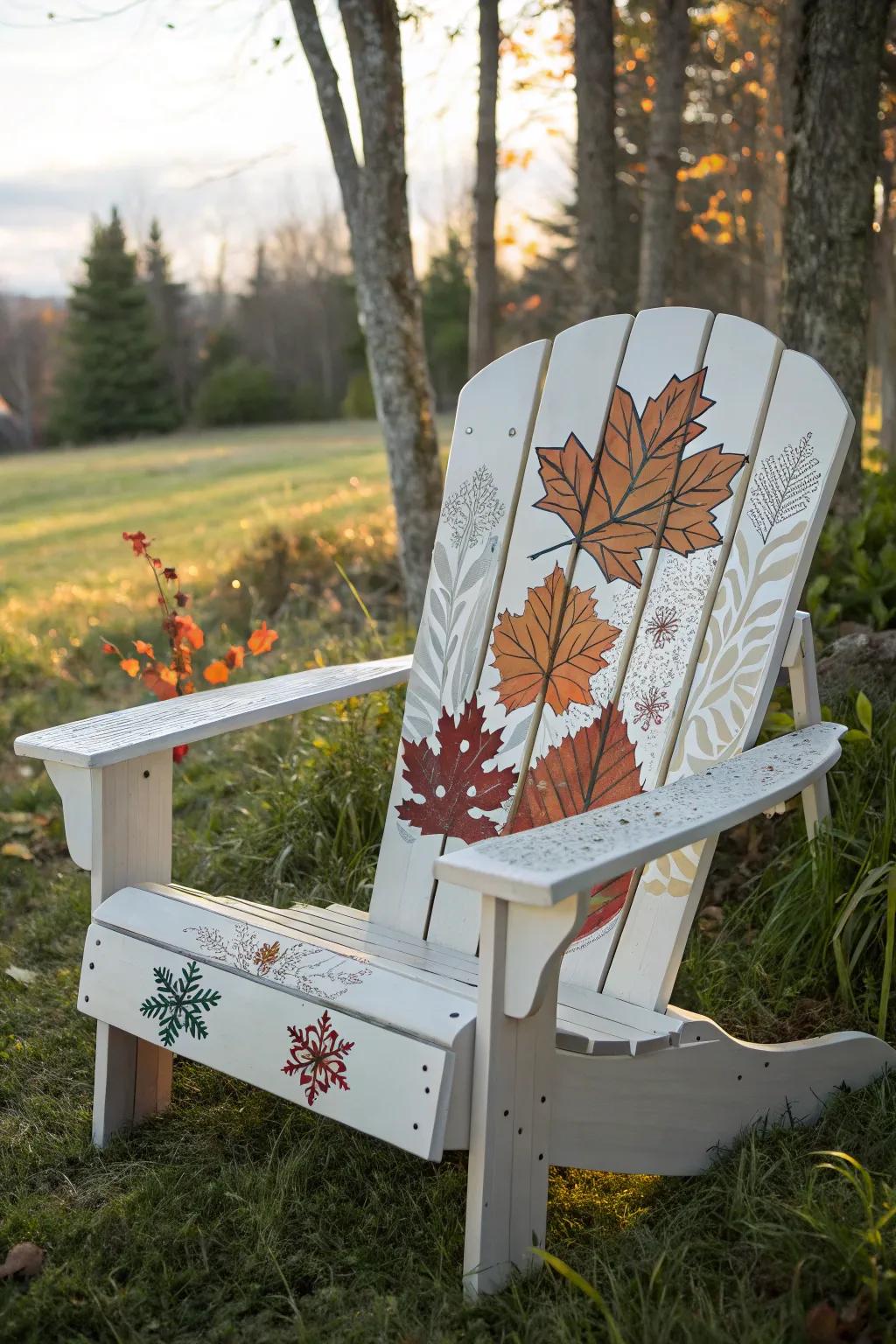 Revitalize your outdoor area with seasonal artistry on a timeless Adirondack chair, where craftsmanship embraces nature’s palette.